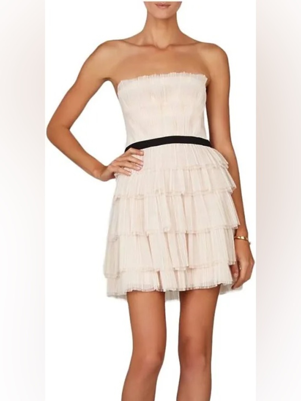 BCBGMaxAzria Cream Tiered Tulle Mini Dress with Black Waistband